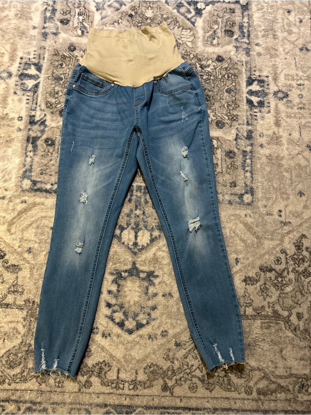 Blue Savvy Maternity Distressed Blue Denim Jeans with Beige Waistband